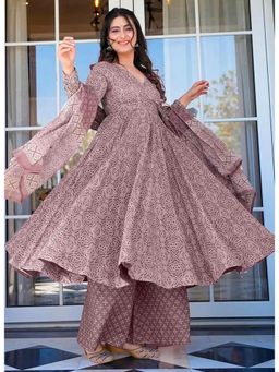 Gahan - Womens Viscose Rayon Angarkha Kurta Floral Kurta with Palazzo & Dupatta-Purple