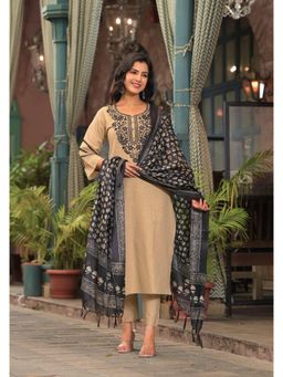 Gahan - Womens Viscose Rayon Straight Embroidered Kurta with Pant & Dupatta-Beige