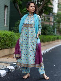 Gahan - Womens Viscose Rayon A-Line Floral Kurta with Pant & Dupatta-Blue