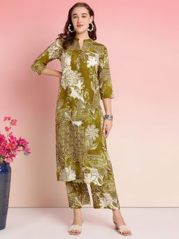 Gahan - Womens Viscose Rayon Straight Floral Kurta with Pant -Green