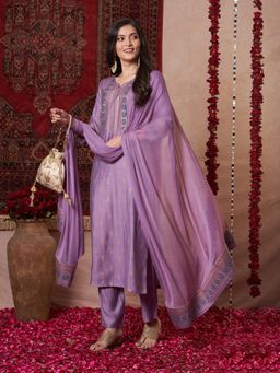 Gahan - Womens Viscose Rayon Straight Printed Kurta with Pant & Dupatta-Purple