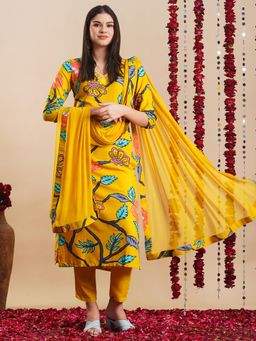 Gahan - Womens Viscose Rayon Straight Floral Kurta with Pant & Dupatta-Yellow