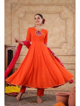 Gahan - Womens Viscose Rayon Anarkali Printed Kurta with Pant & Dupatta-Orange