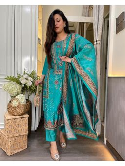 Gahan - Womens Viscose Rayon Straight Floral Kurta with Pant & Dupatta-Teal