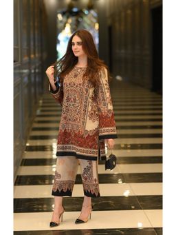 Gahan - Womens Viscose Rayon Straight Floral Kurta with Pant-Beige