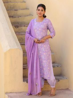 Gahan - Womens Viscose Rayon Straight Floral Kurta with Salwar & Dupatta-Purple