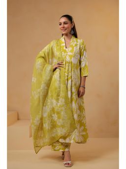 Gahan - Womens Viscose Rayon A-Line Floral Anarkali Kurta with Pant & Dupatta-Green