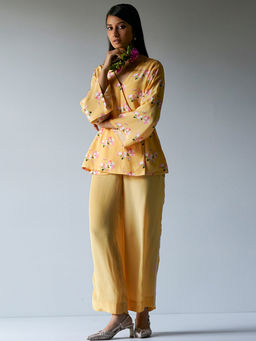 Ganga Fashions - Yellow Crepe Printed Co-ord With Detailing Work On Bottom Seam Line (Set of 2)