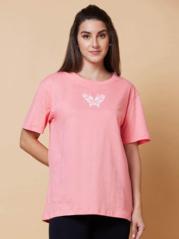 Globus - Women Peach Print Boxy Fit Cotton Casual T-Shirt
