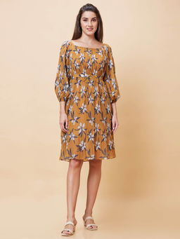 Globus - Women Mustard Print Square Neck Waist Tie Up Casual A-Line Dress