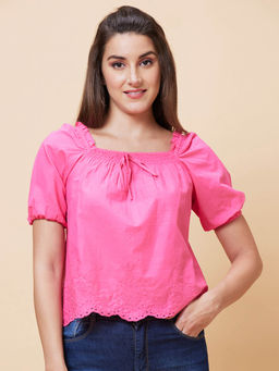 Globus - Women Pink Solid Self Design Square Neck Smocked Casual Top