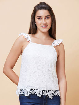 Globus - Women White Self Design Strappy Casual Lace Top