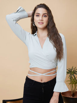 Globus - Women Green Solid Wrap Collar Neck Casual Waist Tie-Up Crop Top