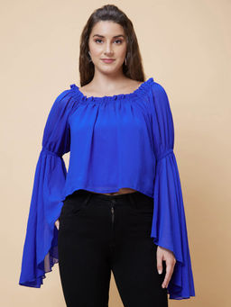 Globus - Women Blue Solid Square Neck Flared Sleeves Party Top (Set of 2)