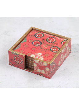 India Circus by Krsnaa Mehta - Pink Raceme Rosettes Mdf Coasters with Stand (Pack Of 6)