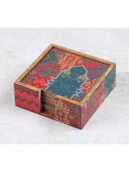 India Circus by Krsnaa Mehta - Red Heritage Haven Mdf Coasters with Stand (Pack Of 6)