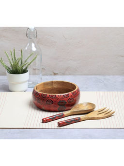 India Circus by Krsnaa Mehta - Red Raceme Rosettes Salad Bowl with Spoon & Fork