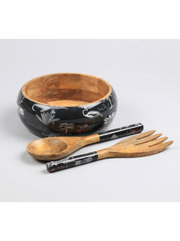 India Circus by Krsnaa Mehta - Black Animalia Creations Salad Bowl with Spoon & Fork