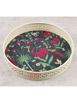 India Circus by Krsnaa Mehta - Navy Blue Floral Galore Round Iron Tray (L)