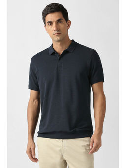 Van Heusen - Men Navy Blue Textured Polo Neck T-shirt