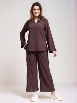 Twenty Dresses by Nykaa Fashion - Womens Dark Brown Textured Collar Neck Co-Ord Set