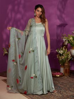 Gajra Gang - Tea-Time Green Embroidered Satin Maxi Gown & Dupatta GGSKD90 (Set of 2)