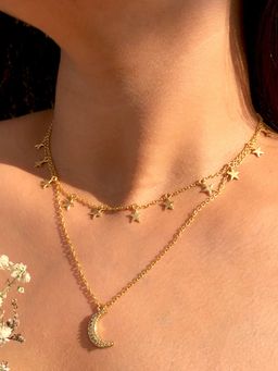 ZARIIN - Two Layered Gold Plated Moon Star CZ Necklace