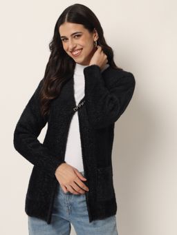 BROOWL - Women Black Solid One Button Shrug
