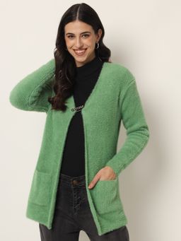 BROOWL - Women Green Solid One Button Shrug