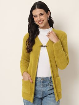 BROOWL - Women Mustard Solid One Button Shrug