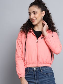 BROOWL - Women Peach Solid Hooded Crop Jacket