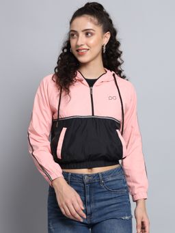 BROOWL - Women Pink Colorblock Hooded Crop Jacket