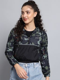 BROOWL - Women Black Camouflage Hooded Crop Jacket