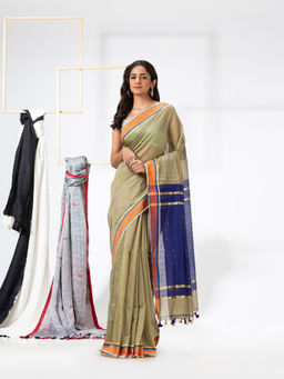 Angoshobha - Cotton Blended Beige Handloom Saree with Unstitched Blouse