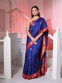 CHARUKRITI - Navy Blue Silk Matka Handwoven Saree with Fish Motifs with Unstitched Blouse