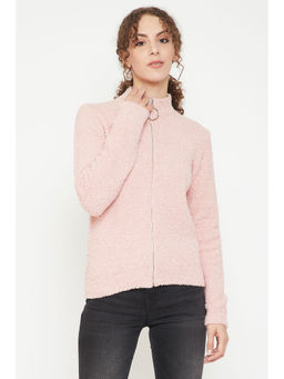 Madame - Solid High Neck Casual Women Pink Sweater