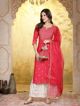 Stylum - Womens Printed Embroidered Rayon Kurta with Palazzo and Dupatta (Set of 3)