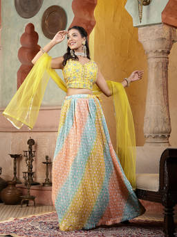 Stylum - Printed Embroidered Silk Blend Lehenga with Choli and Dupatta (Set of 3)
