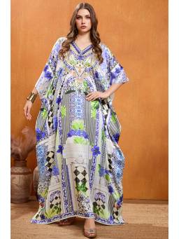 LABEL AARNA - Blue Opal Palace Soft Satin Kaftan Dress