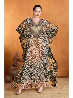 LABEL AARNA - Brown Tiger's Trail Soft Satin Kaftan Dress