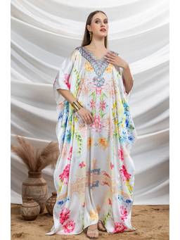 LABEL AARNA - White Pearl Glow Soft Satin Kaftan Dress
