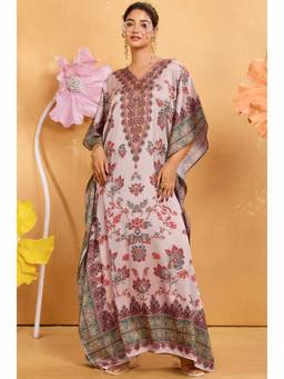 LABEL AARNA - Pink Desert Garden Soft Satin Kaftan Dress