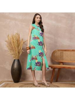 First Resort by Ramola Bachchan - Sea Green Elephant Motif Wrap Dress