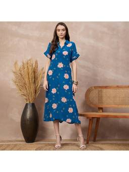 First Resort by Ramola Bachchan - Navy Blue Hibiscus Printed Dress