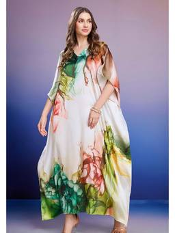 LABEL AARNA - Off White Luminous Garden Soft Satin Kaftan Dress