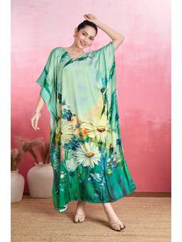 LABEL AARNA - Green Daisy Meadows Soft Satin Kaftan Dress