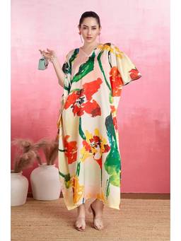 LABEL AARNA - Multicolour Paintbrust Splash Soft Satin Kaftan Dress