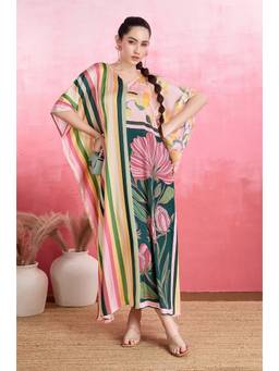LABEL AARNA - Multicolour Colorwoven Stripes Soft Satin Kaftan Dress