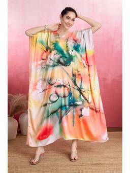 LABEL AARNA - Multicolour Floral Fantasy Soft Satin Kaftan Dress