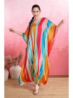 LABEL AARNA - Multicolour Surging Waves Soft Satin Kaftan Dress
